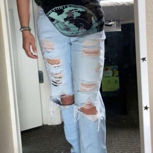 Light Blue High Rise Ripped Mom Jeans - 3